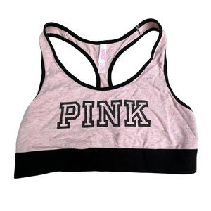 Pink Victorias Secret Crop Sports Bra size S Spellout Logo Racerback Black
